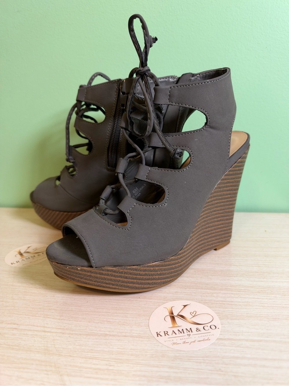 Dollhouse Black Lace-Up Cutout Wedge Sandals